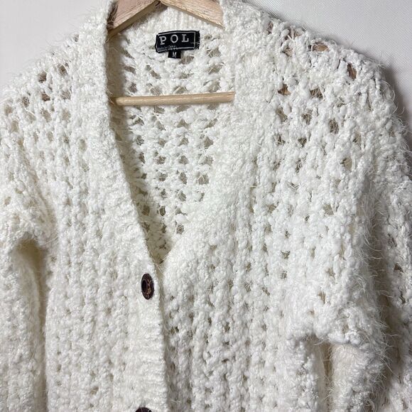 Pol Cardigan Eyelash Ivory Distressed Fuzzy Knit Open Knit Medium - Picture 5 of 8